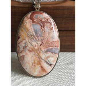 Large Crazy Lace Agate Pendant Necklace Oval Cabochon Statement Stone Boho